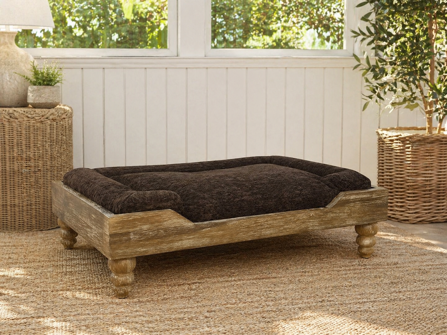 Large Washed Oak Dog Bed | Chocolate Cushion