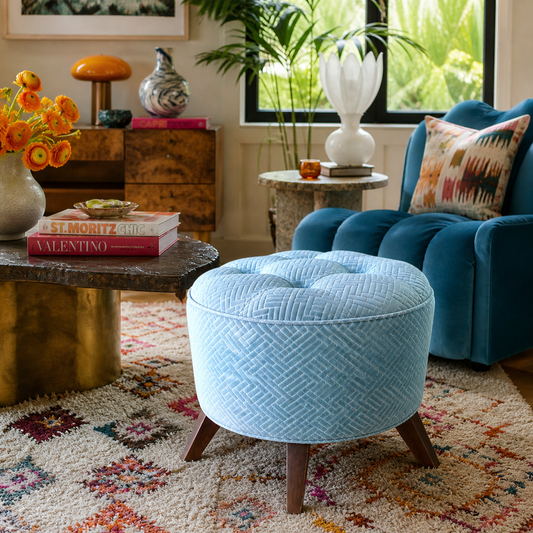 Living room with a blue armchair, ottoman, and decorative items.