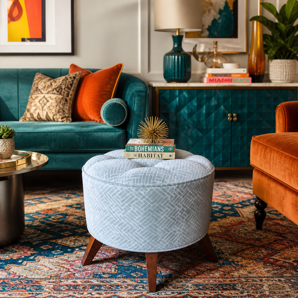 Living room with teal sofa, orange chair, and patterned rug