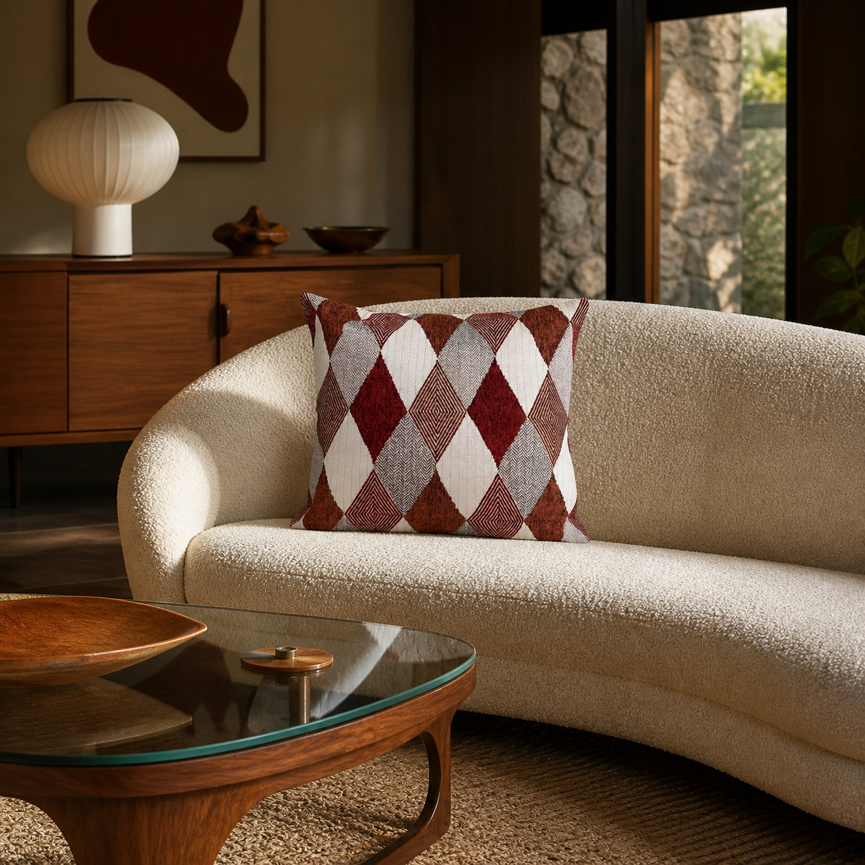 Beige sofa with a patterned pillow in a living room setting