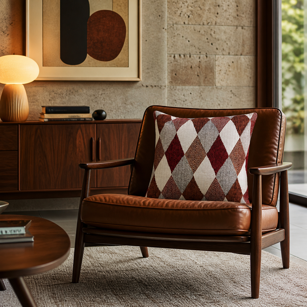 Brown leather armchair with a patterned cushion in a modern living room.