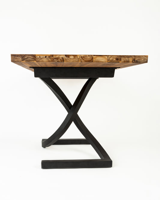 Acacia wood MCM dining table with a contemporary metal base 