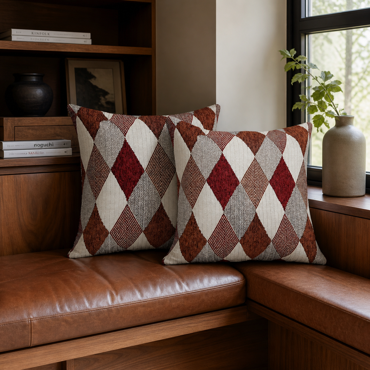 Harlequin patterned cushions on a brown leather sofa with a wooden shelf and plant in the background.