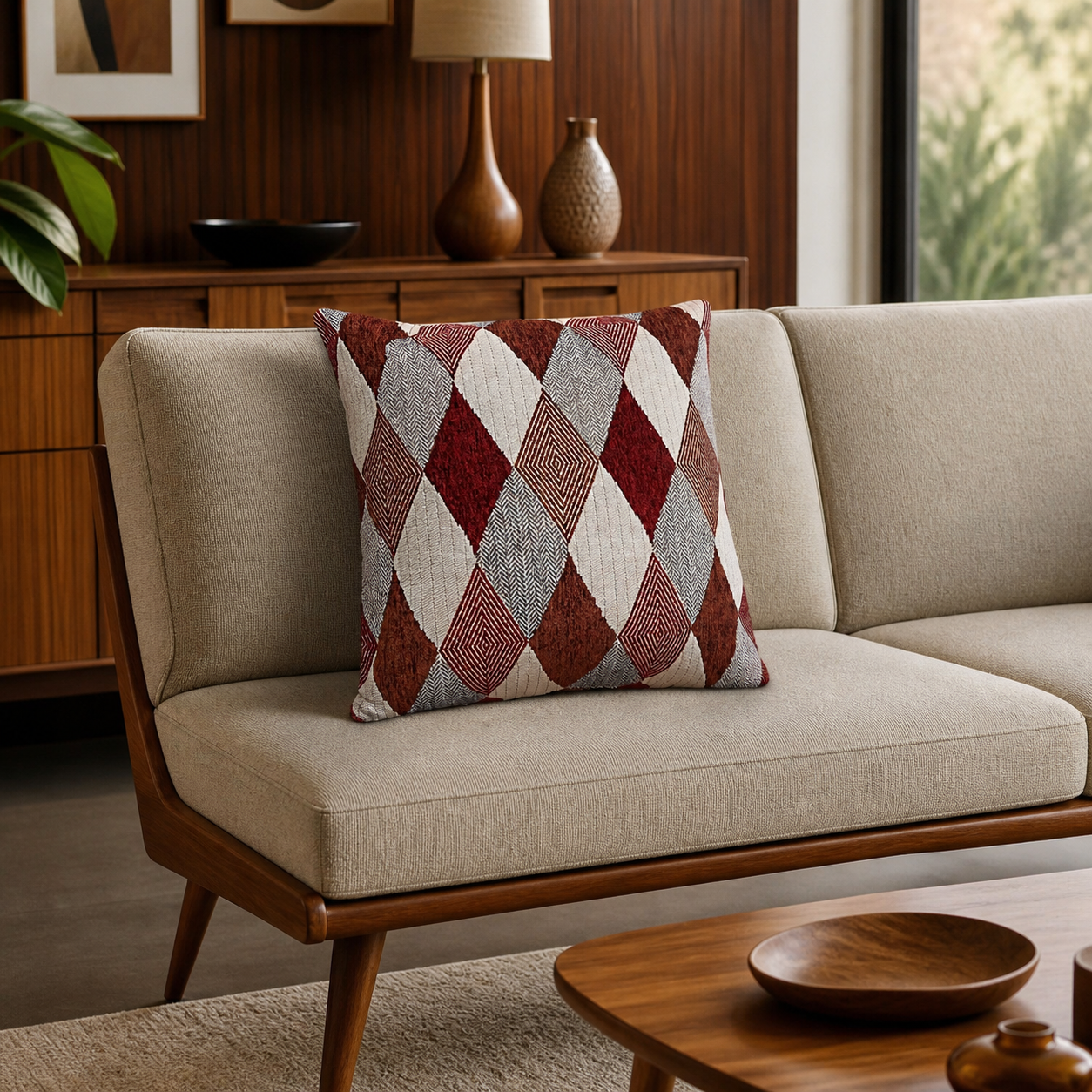 Beige sofa with a patterned pillow in a living room setting