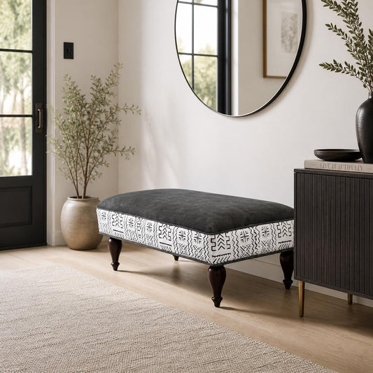 Mud cloth leather ottoman bench with Bohemian African bogolan fabric and grey leather
