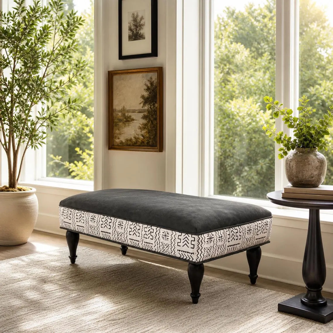 Genuine leather ottoman bench with African mud cloth pattern by Design 59 Furniture