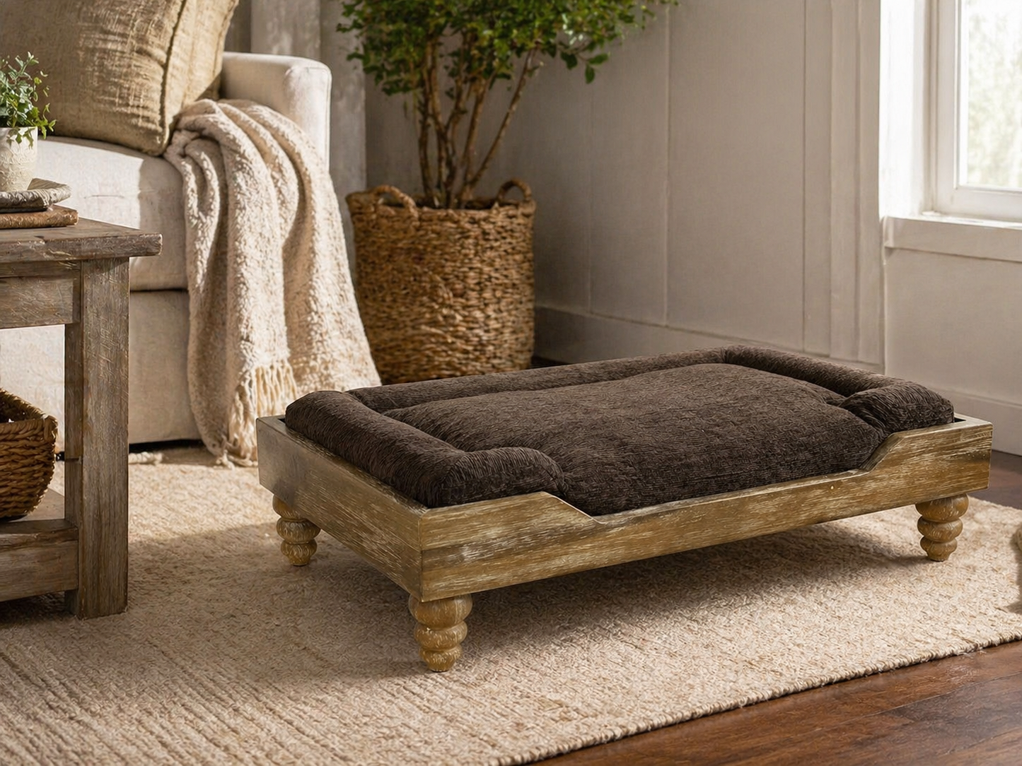Large Washed Oak Dog Bed | Chocolate Cushion