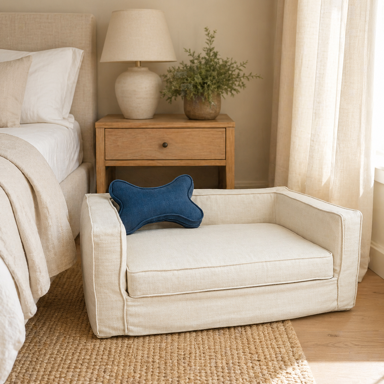 Pearl bolstered dog bed with blue bone pillow in a bedroom setting