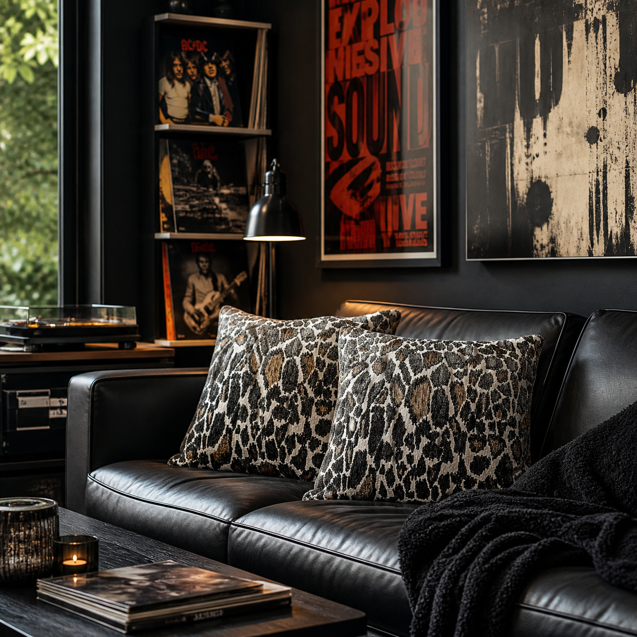 Cheetah pattern throw pillow covers in black, charcoal, ivory, and warm brown tones, 22 inch square set of 2