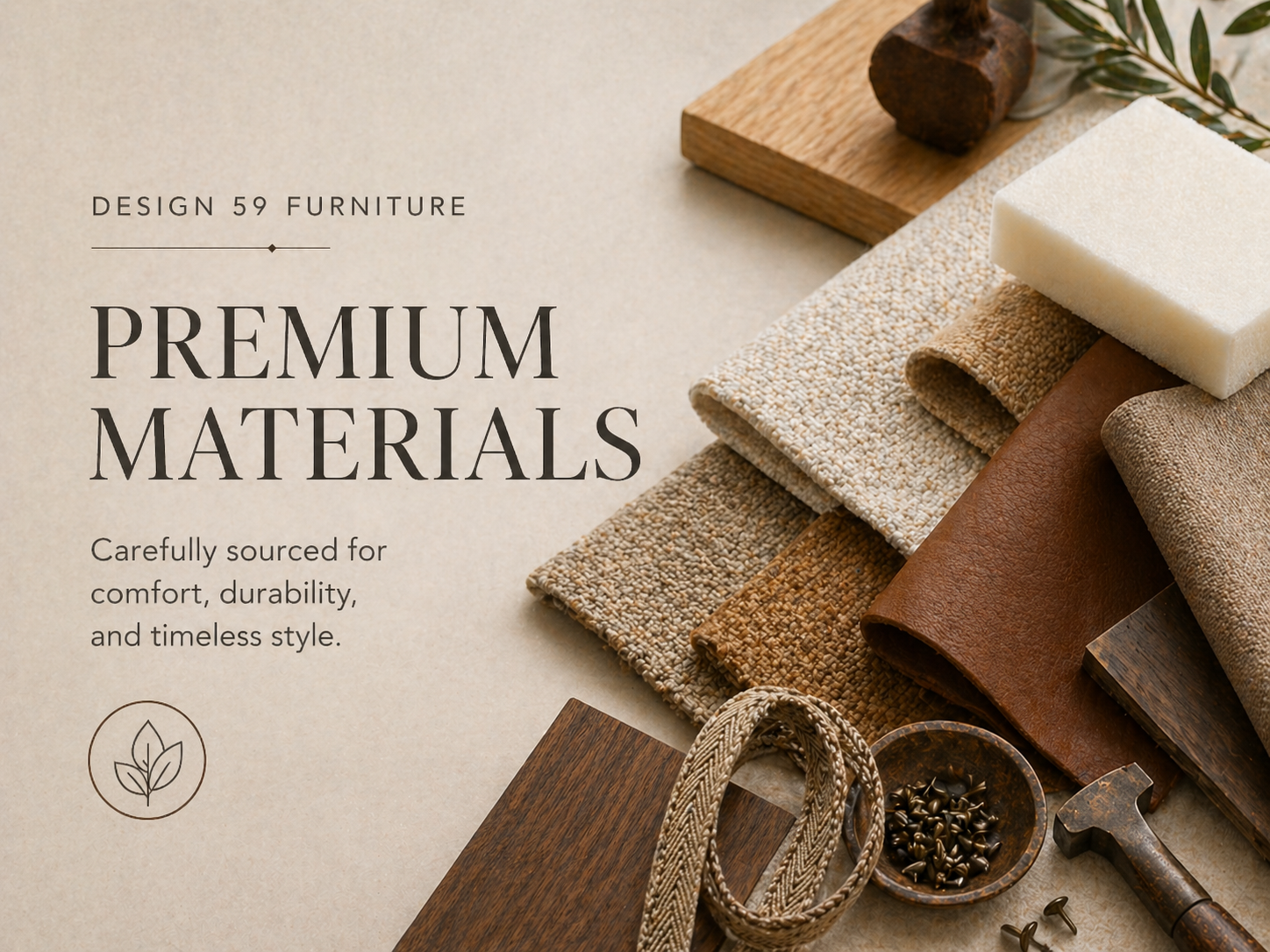 Text 'Design 59 Furniture Premium Materials' with fabric swatches and tools on a neutral background.