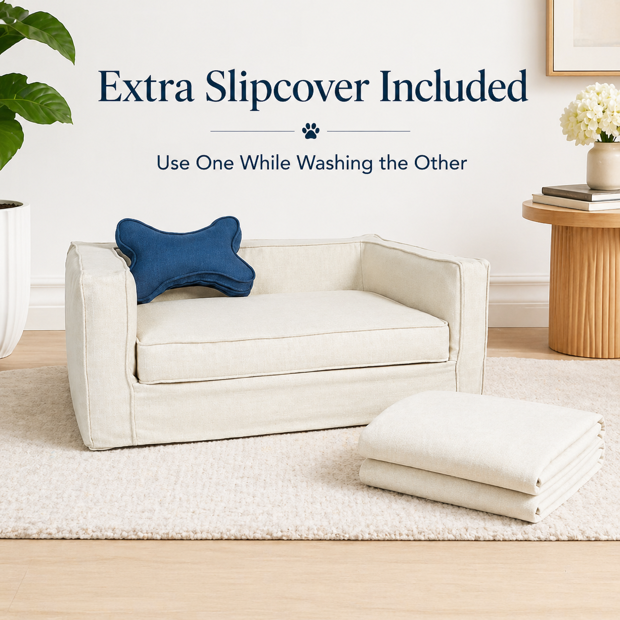 Pearl slipcover dog bed with bolstered pet sofa design and washable linen cover