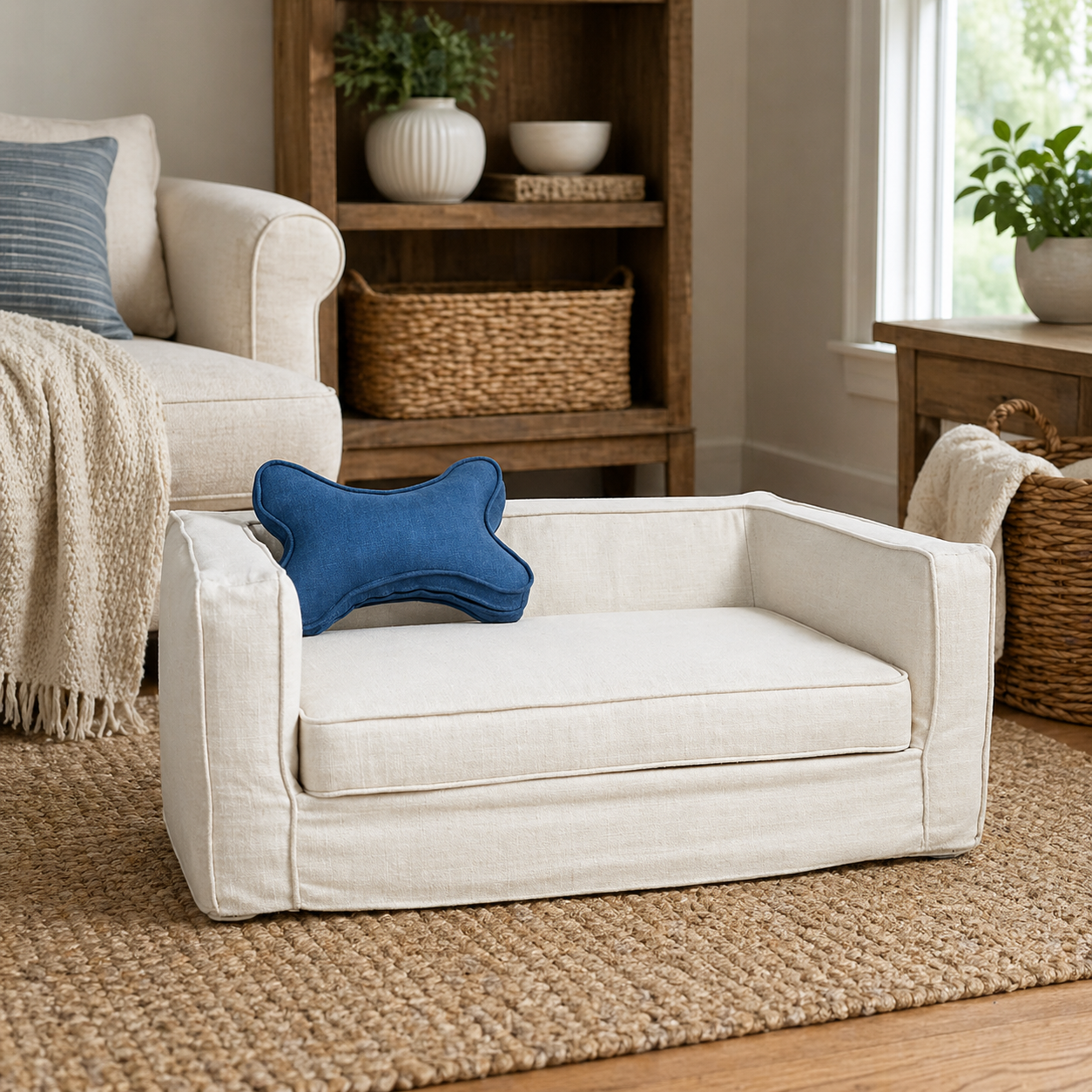 Small white dog bed with a blue pillow on a wooden floor in a cozy living room.
