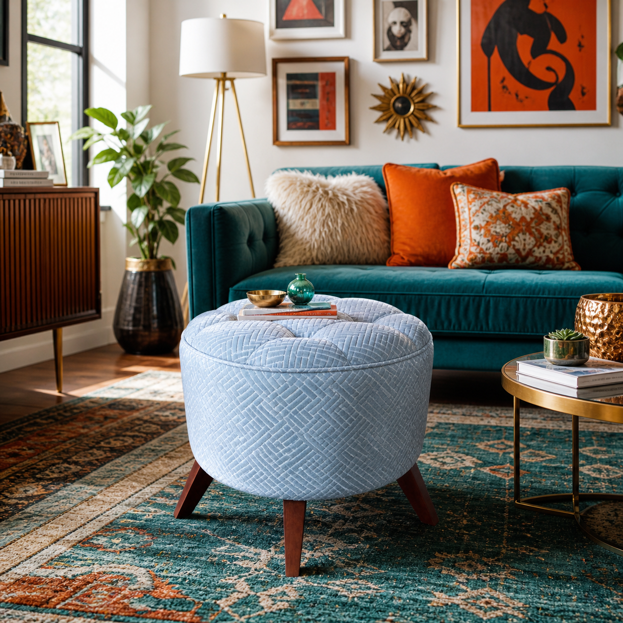 Living room with teal sofa, round ottoman, and decorative elements.