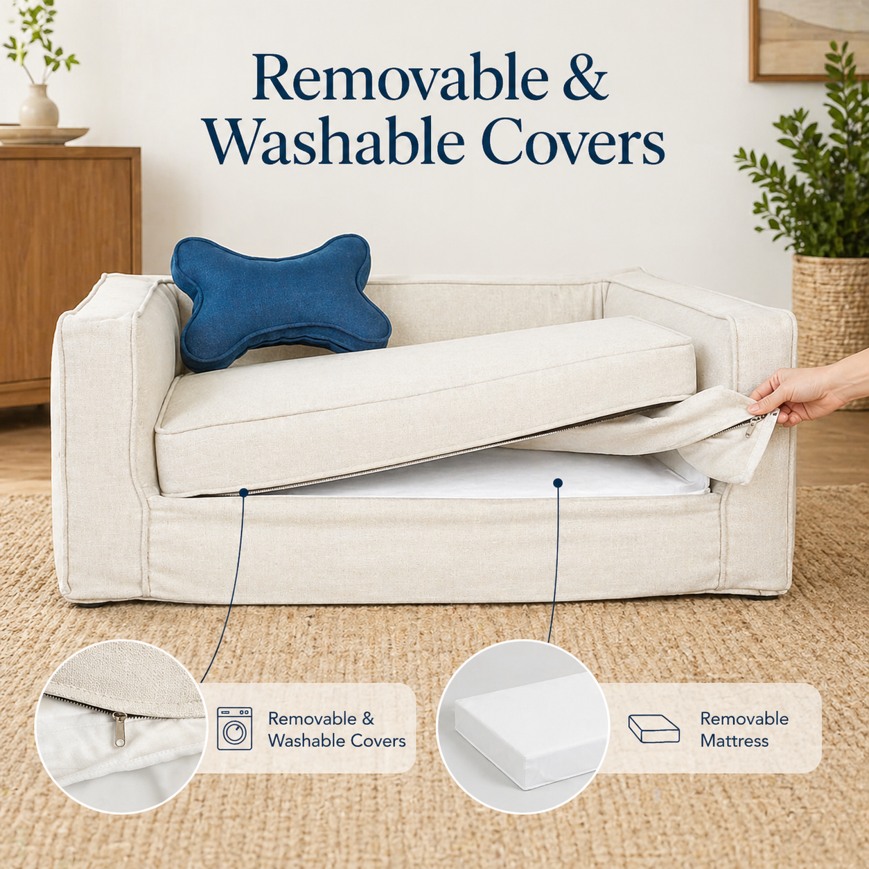 Neutral upholstered dog couch with pearl fabric and raised bolstered bed frame