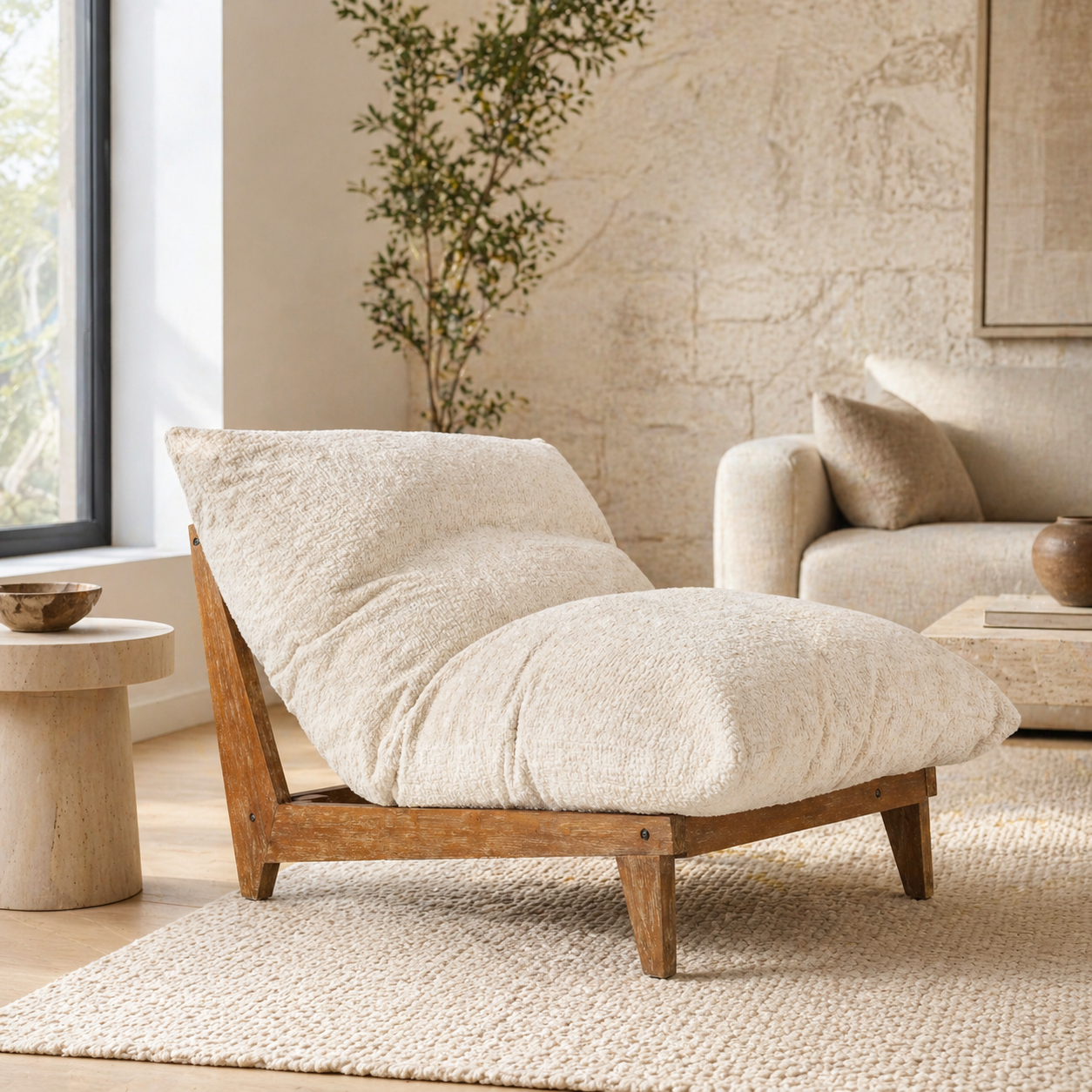 Wooden lounge chair with white cushion in a cozy living room setting.