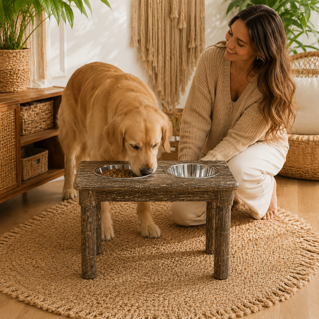 Puppy-to-Adult Adjustable Dog Feeder, 3 Height Levels, Solid Acacia Wood Raised Pet Bowl Stand with Stainless Steel Bowls, Washed Oak