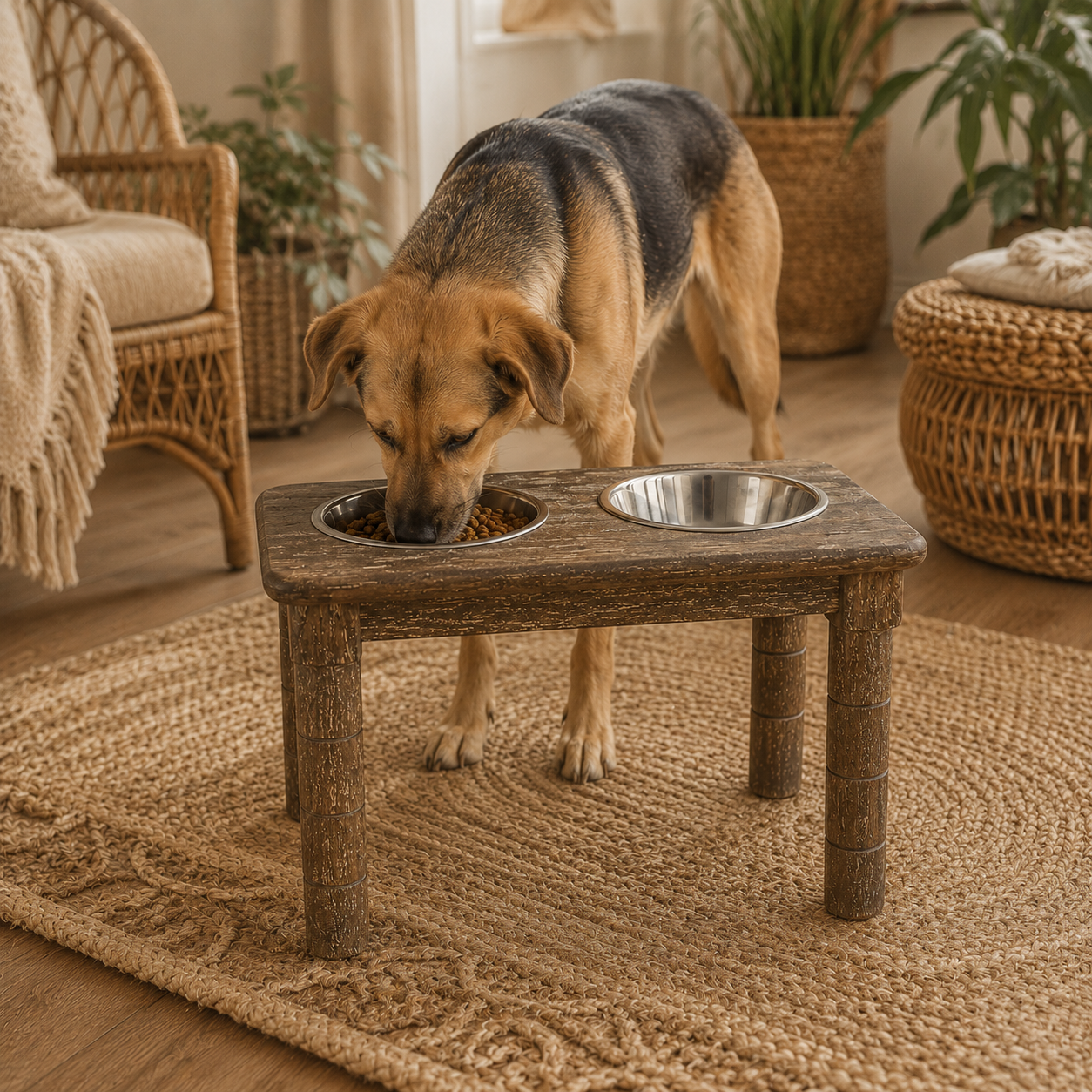 Growing dog eating from the medium-height adjustable wooden dog feeder in a cozy bohemian home setting