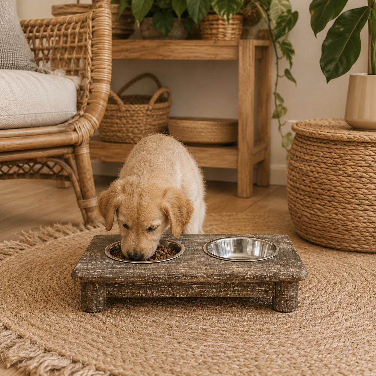 Puppy eating from a low-height Design 59 adjustable dog feeder in a warm bohemian living room with natural woven decor