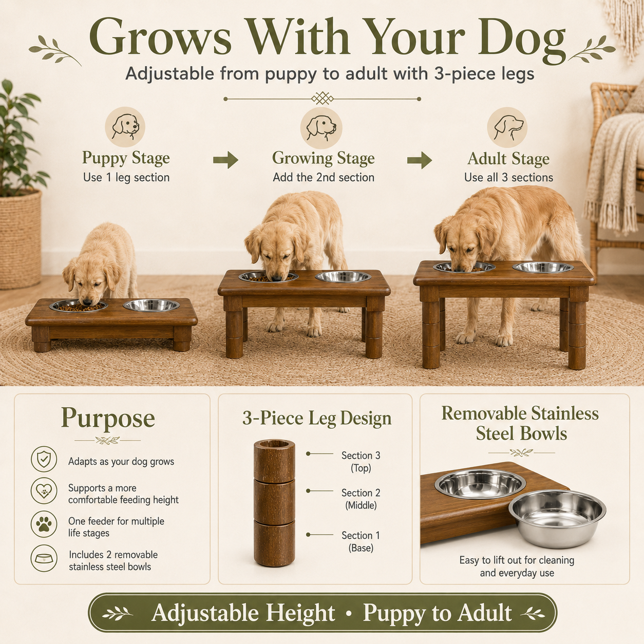 Adjustable raised dog feeder infographic showing puppy growing and adult stages with three piece legs
