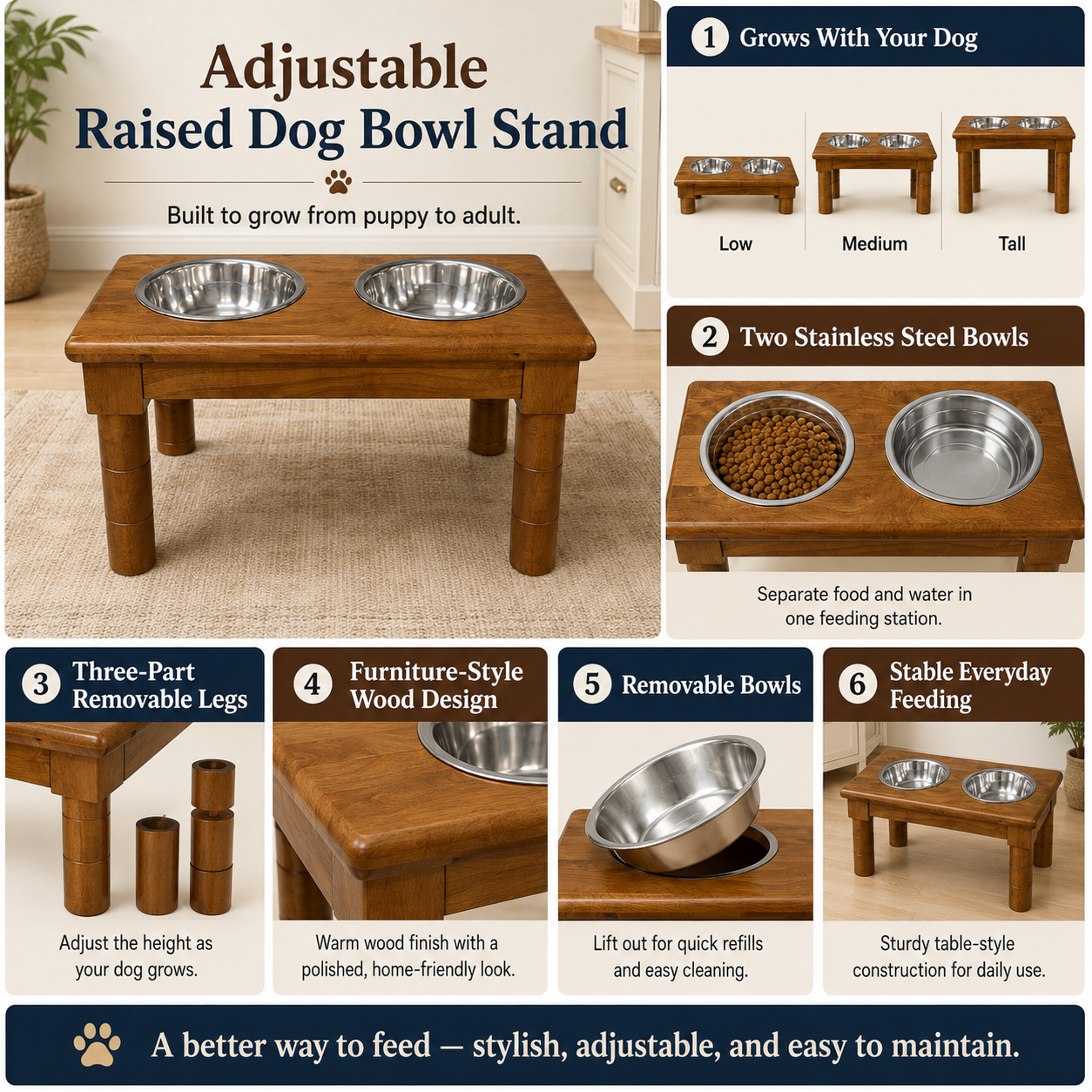 Adjustable raised dog bowl stand feature infographic with stainless steel bowls removable legs and wood design