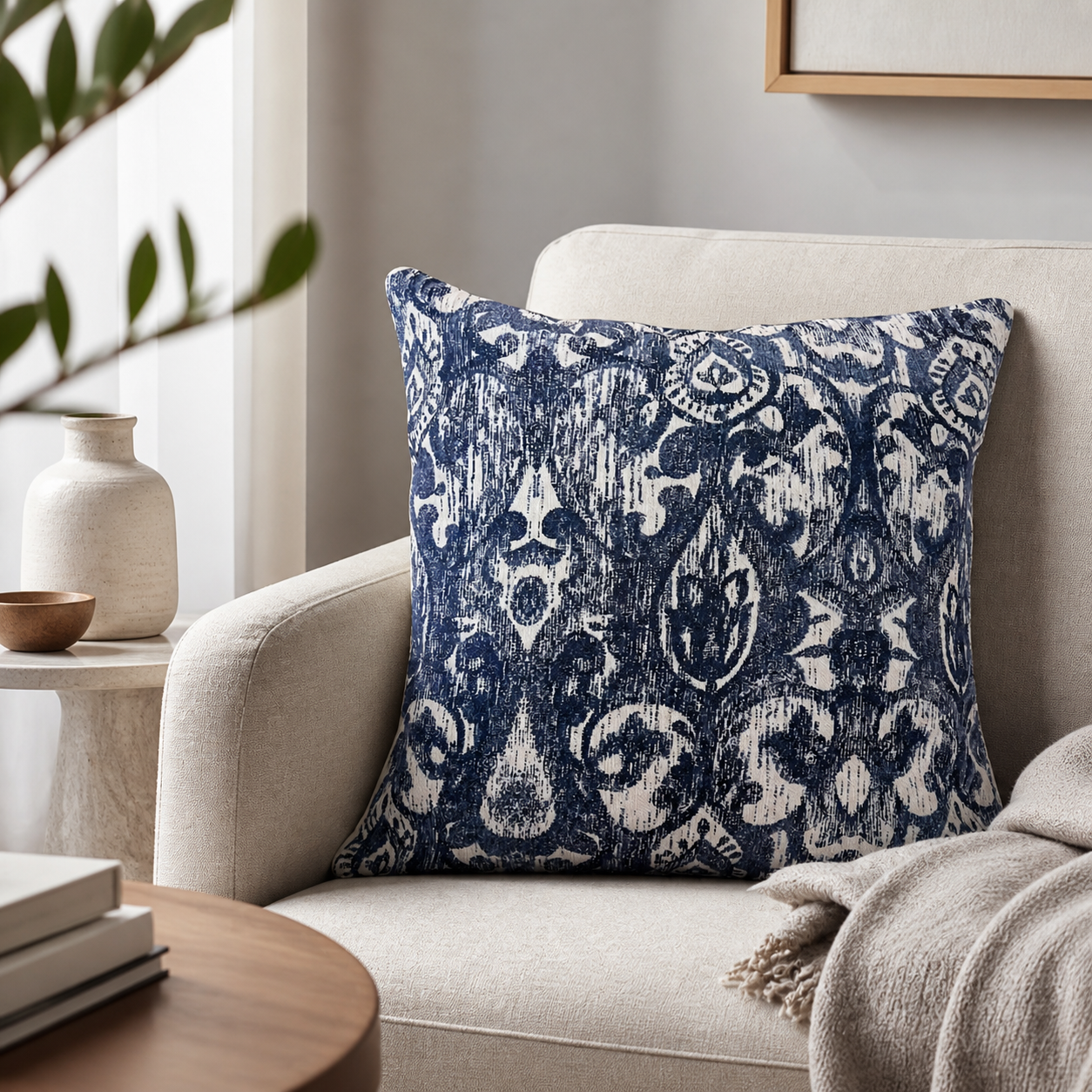Blue ikat decorative pillow covers styled in a cozy neutral living room with navy ivory pattern and designer home decor by Design 59 Furniture