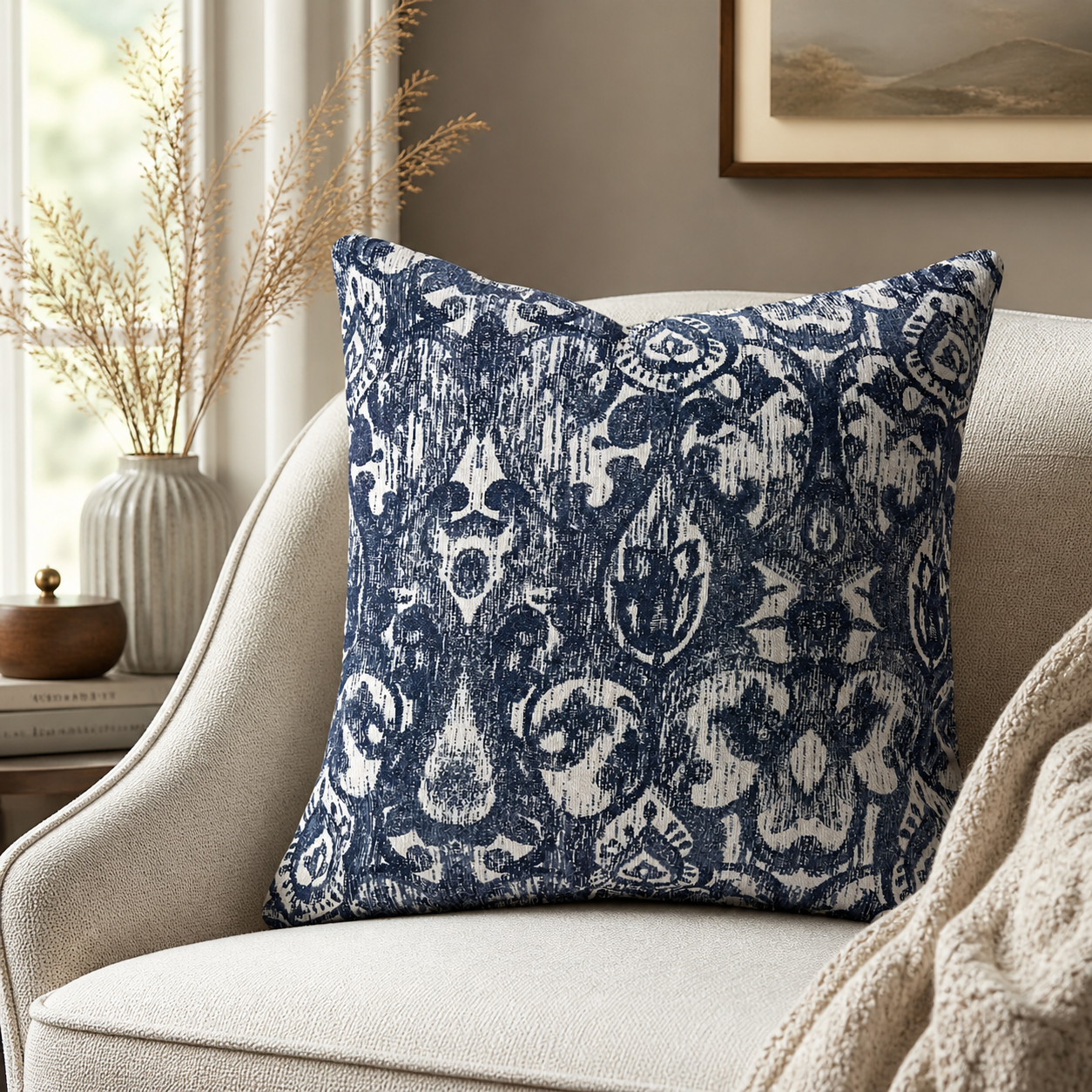 Blue ikat pillow covers styled on an accent chair with coastal home decor and navy ivory textured throw pillow design by Design 59 Furniture
