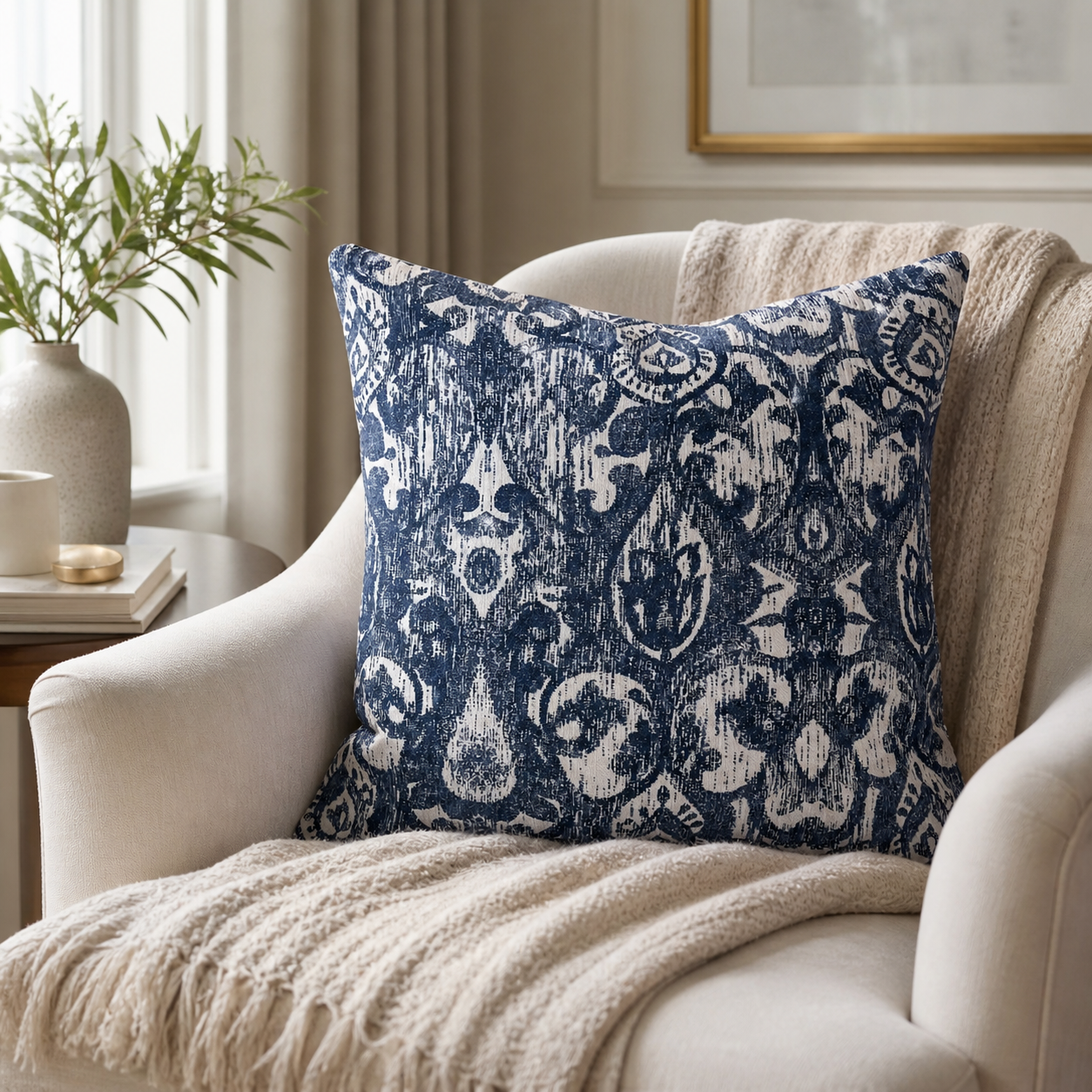 Blue ikat throw pillow covers styled in a cozy reading nook with navy ivory patterned pillows and elegant home decor by Design 59 Furniture