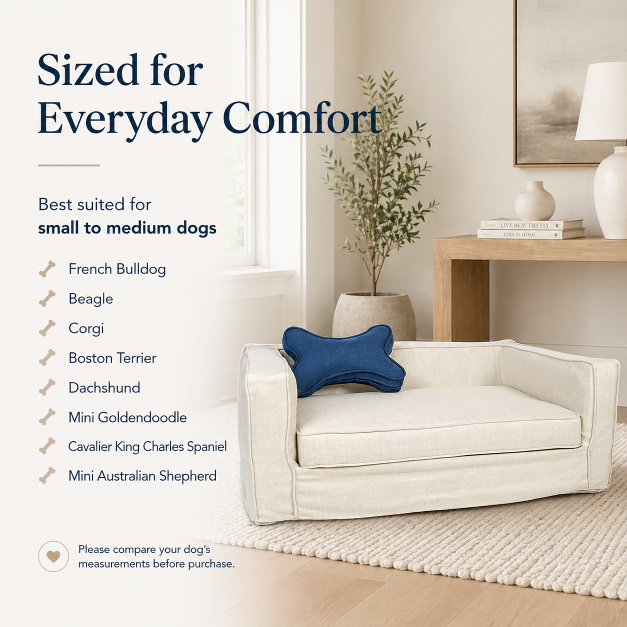Designer pearl pet sofa with linen slipcover and cozy bolstered sides