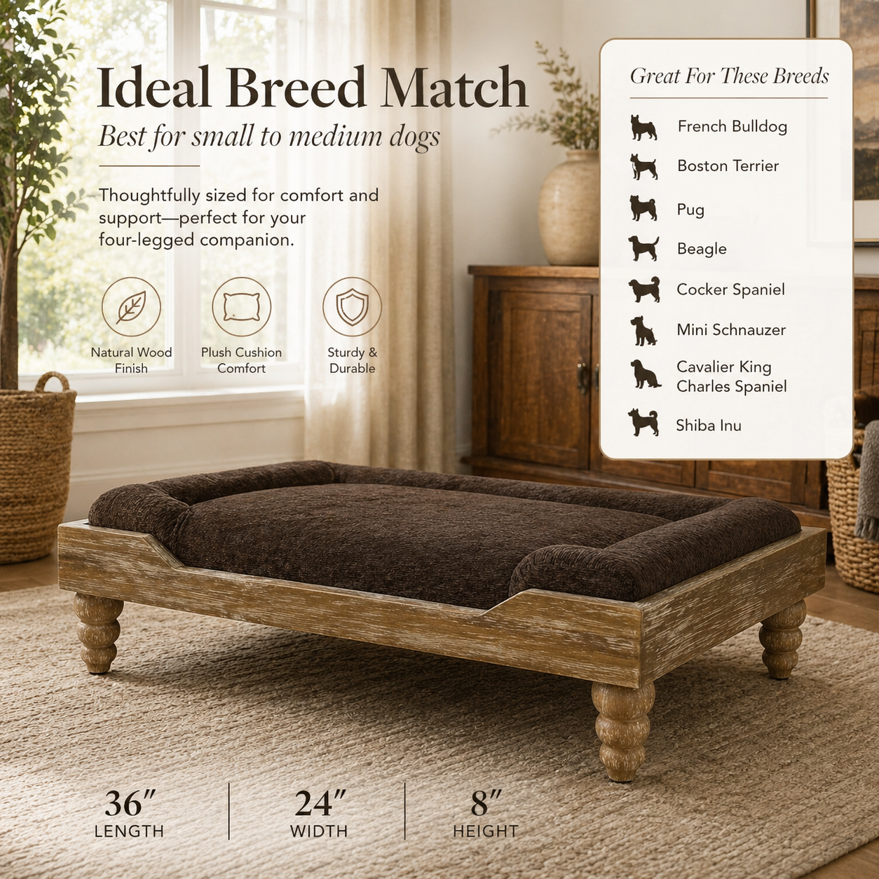 Brown orthopedic dog bed ideal breed match with medium dog sizes