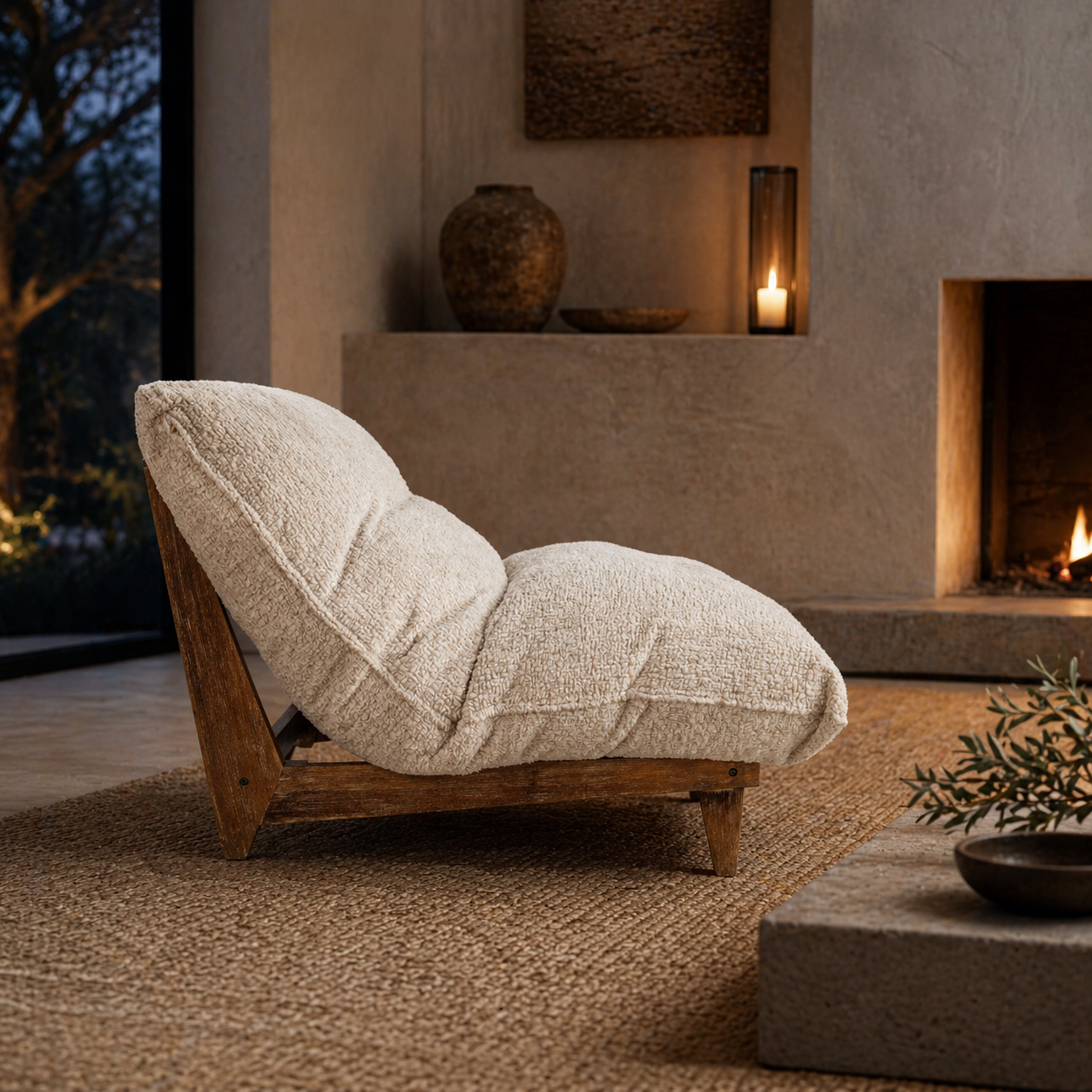 Cream plush acacia wood lounge chair beside a fireplace