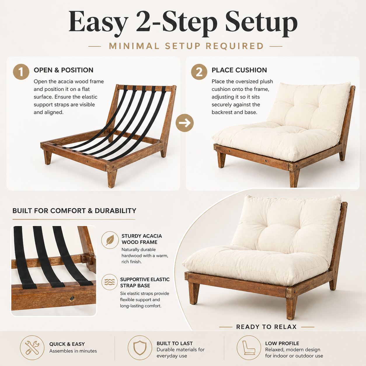 Cream plush lounge chair easy two step setup instructions
