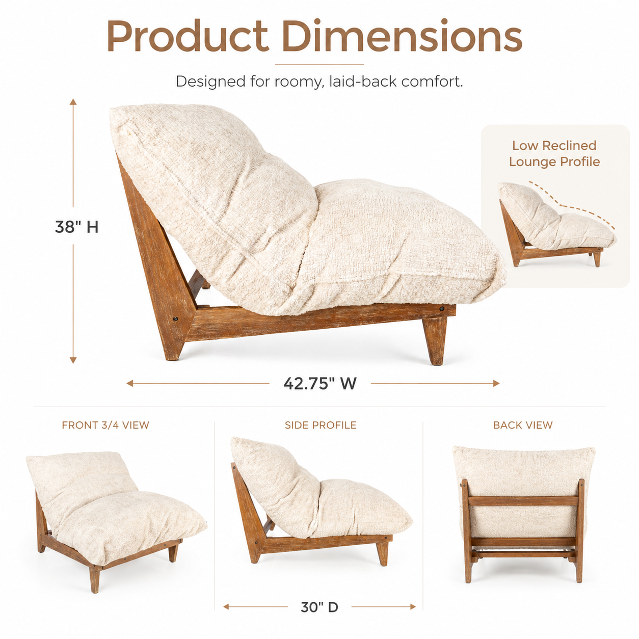 Cream plush lounge chair product dimensions and side profile