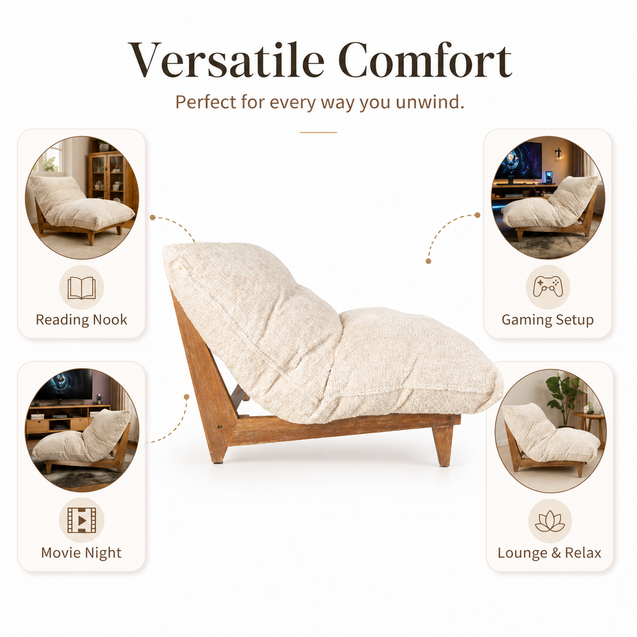 Cream plush lounge chair shown for reading gaming movie night and relaxing