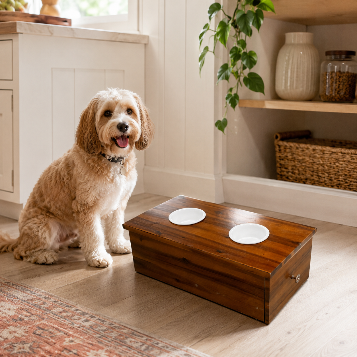Cedar tone wood pet feeder with drawer and two white bowls in 24 x 12 x 8 size in a modern kitchen with dog