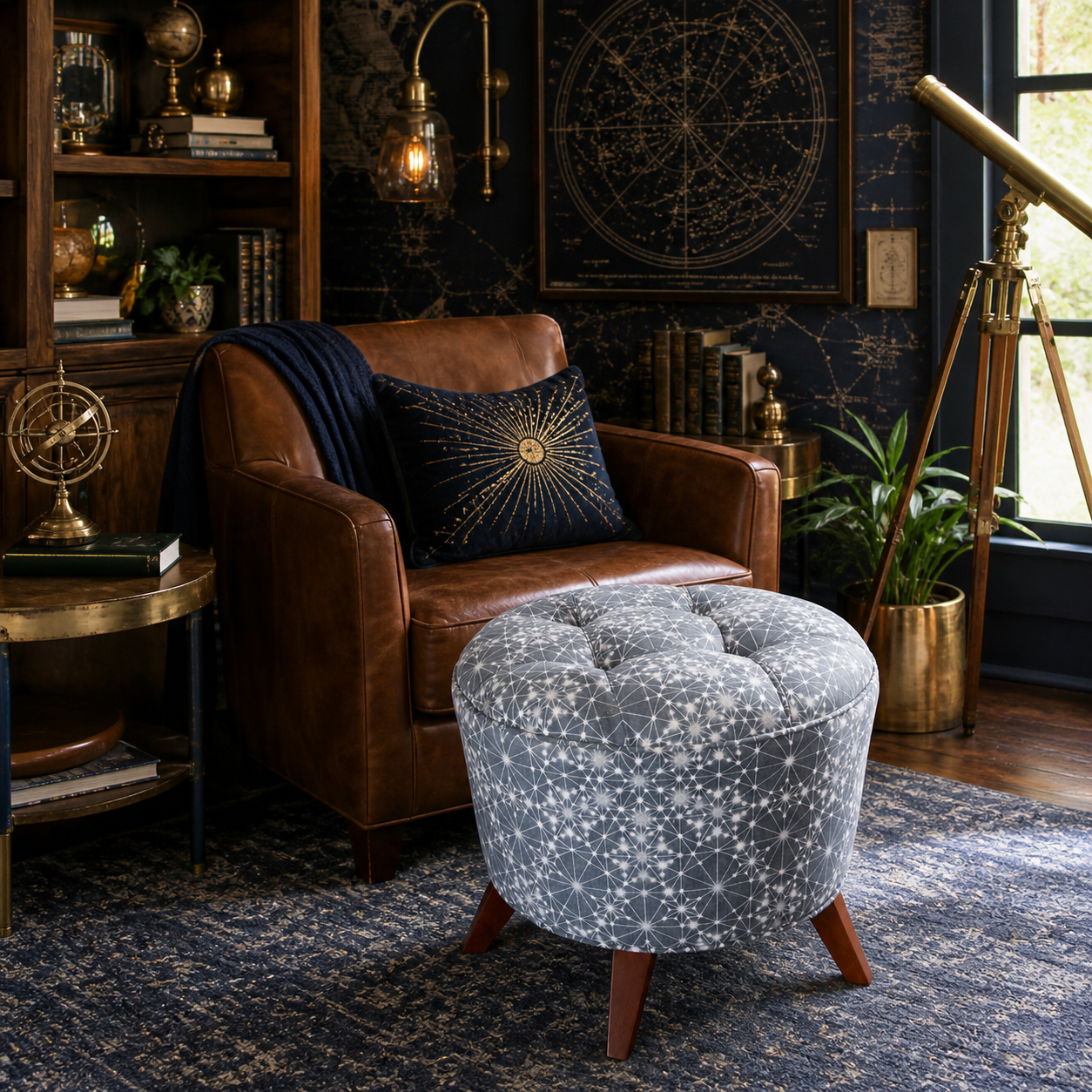 The Copernicus Ottoman grey celestial tufted accent stool styled in an astronomy reading nook with telescope and constellation decor
