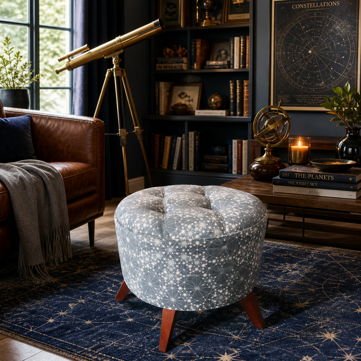 Grey star pattern Copernicus tufted ottoman in a cozy astronomy study with brass telescope and celestial decor