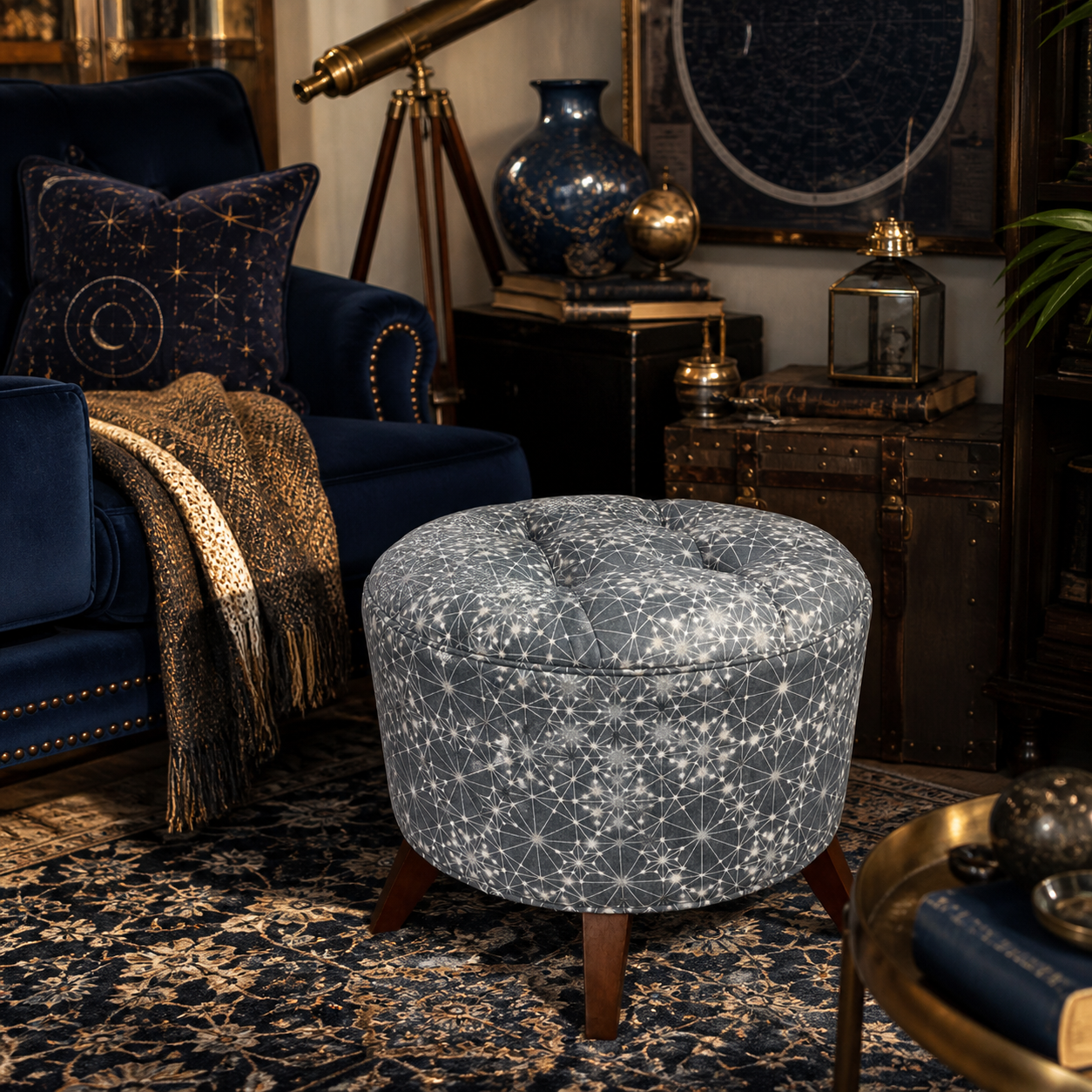 Round grey celestial tufted ottoman in a dark eclectic nautical study with telescope books and constellation wall art