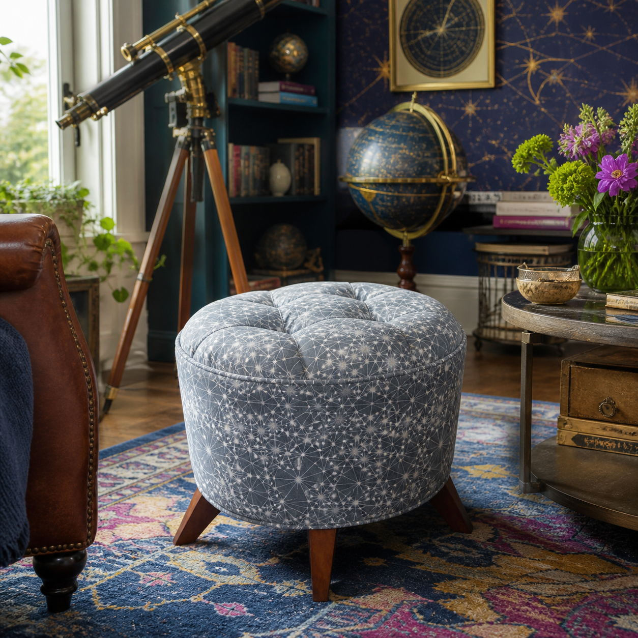 Celestial grey tufted Copernicus Ottoman styled in a cozy study retreat with telescope books and constellation decor