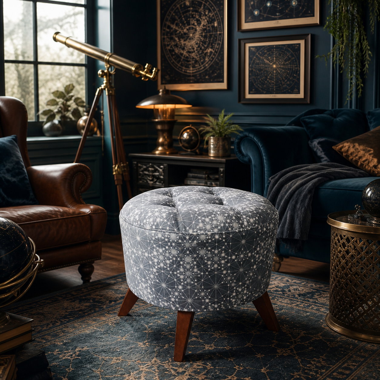 The Copernicus grey star pattern ottoman in a cozy astronomy reading nook with vintage telescope and celestial accents