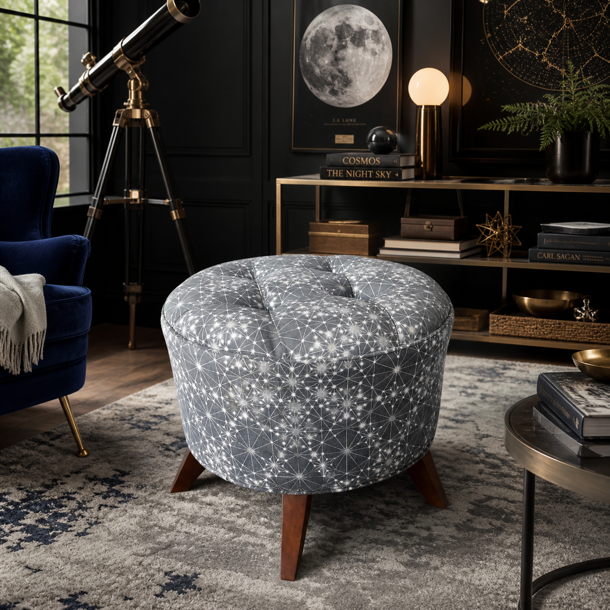 The Copernicus grey celestial ottoman styled in a cosmic modern study with telescope moon art and constellation accents