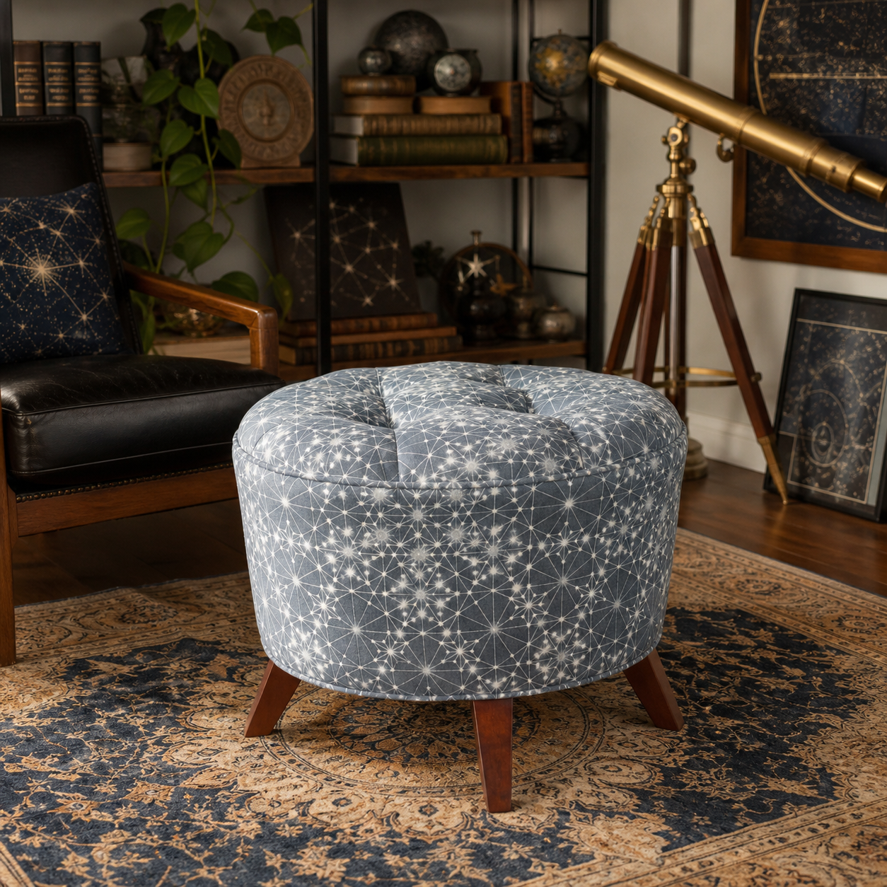 Design 59 Furniture Copernicus Ottoman styled in a cozy celestial study with antique accents and telescope decor