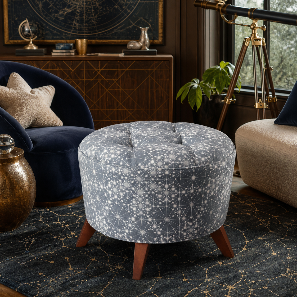 Round grey celestial Copernicus Ottoman in an elegant study lounge with constellation rug brass telescope and eclectic decor