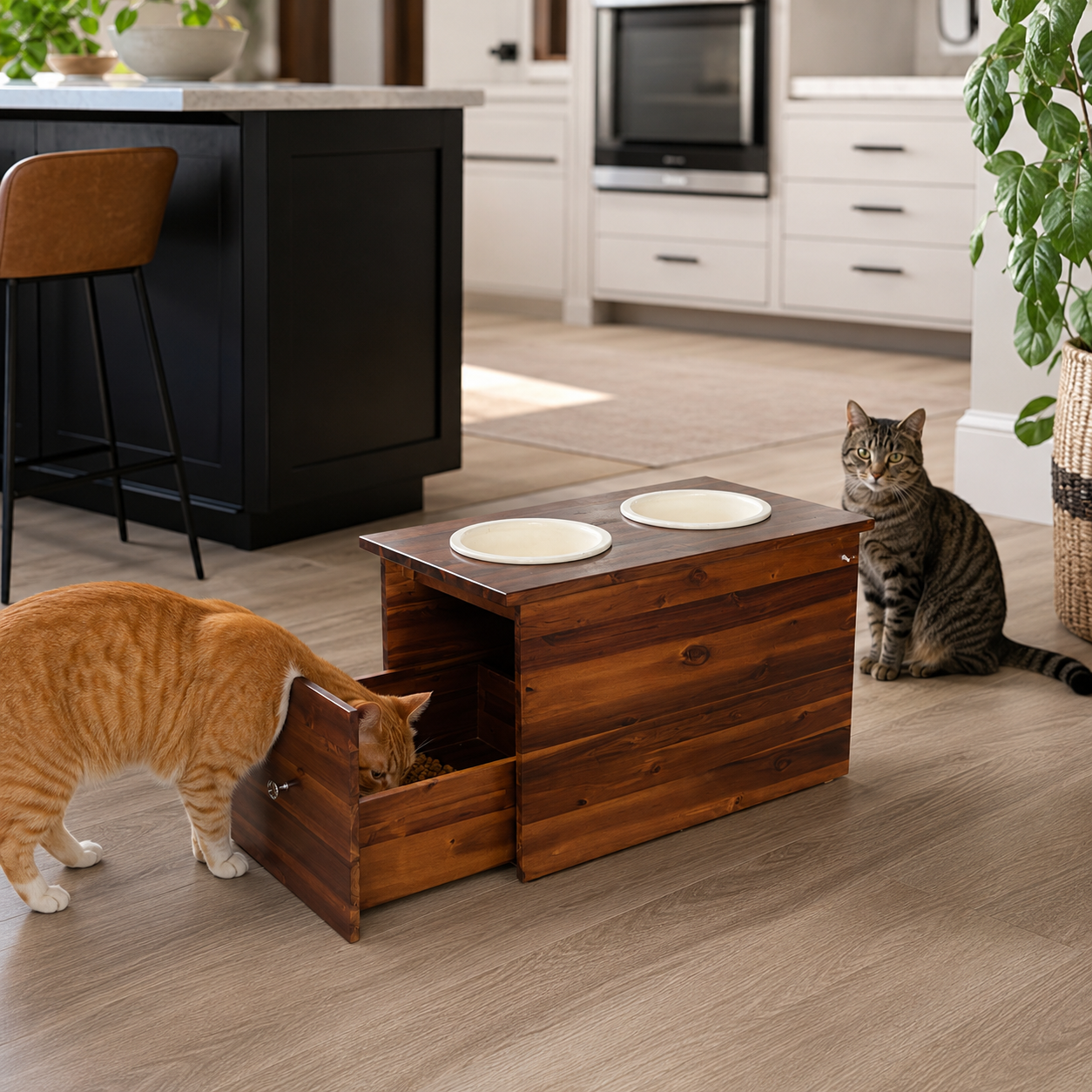 Large wood pet feeder with side-opening storage drawer in 24 x 15 x 16 size styled in a modern kitchen with cats