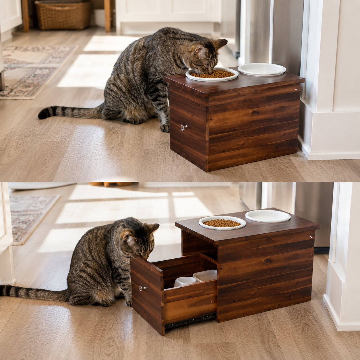 Large wood pet feeder storage drawer in 24 x 15 x 16 size styled in a modern kitchen with tabby cat feeding