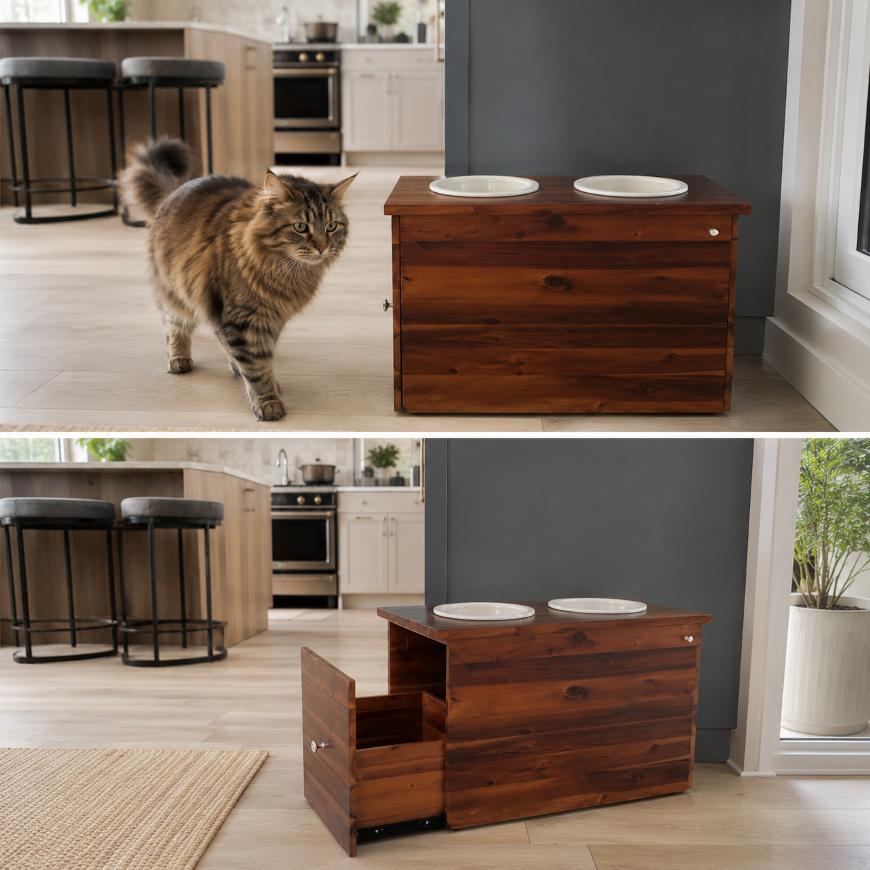 Large wooden pet feeder with storage drawer in 24 x 15 x 16 size styled in a modern kitchen with cat