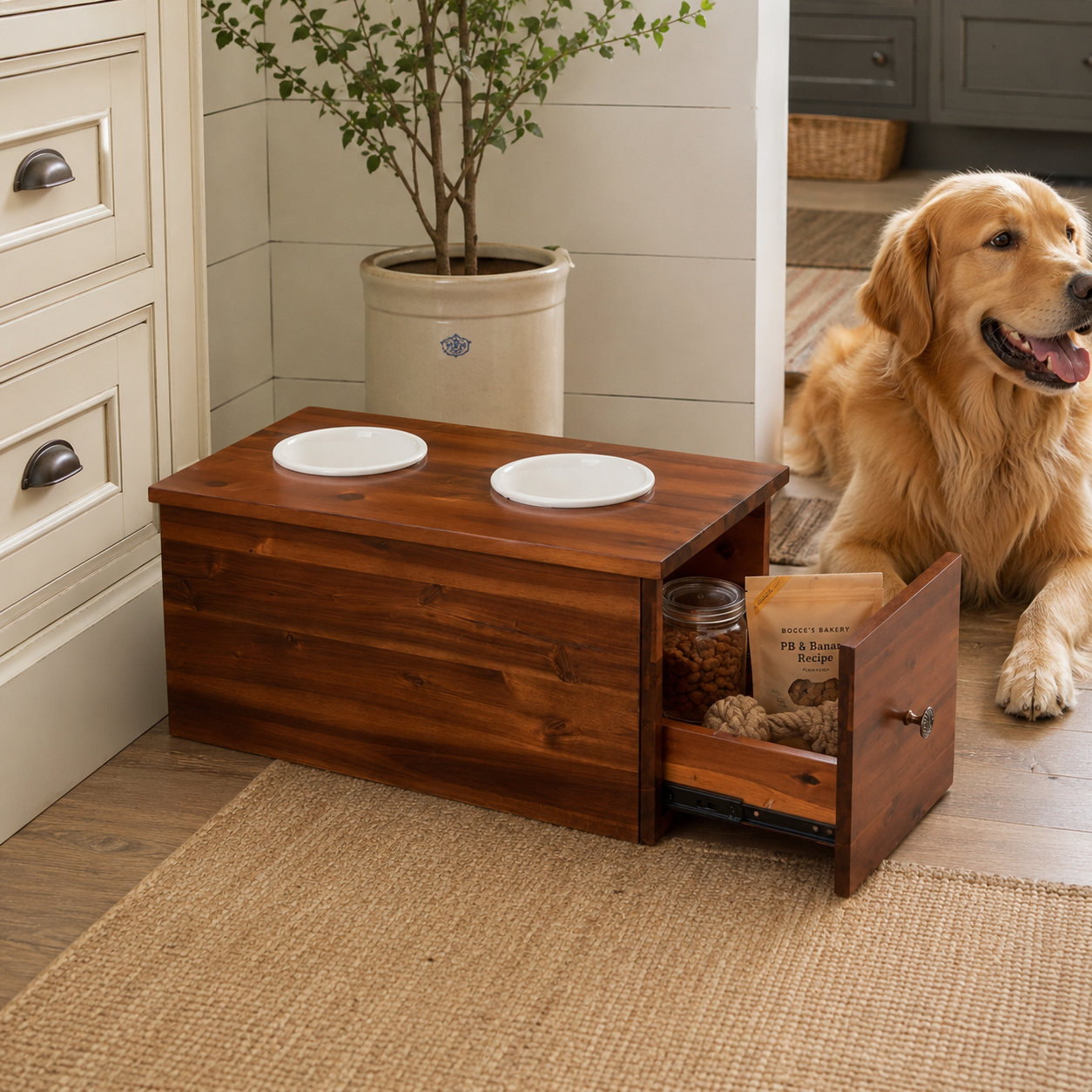 Rustic wood elevated pet feeder with storage drawer in 24 x 12 x 12 size styled with happy dog