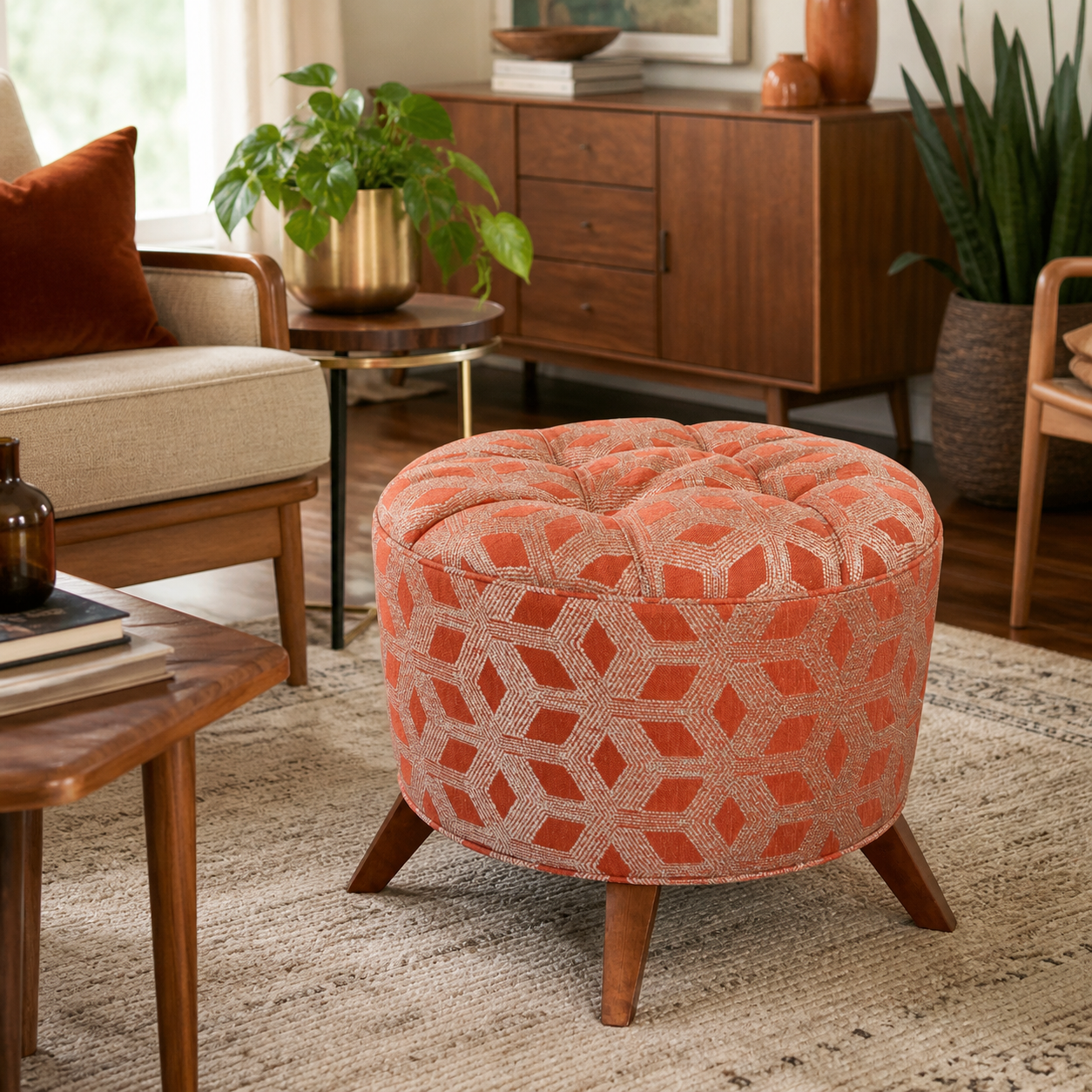 Design 59 Furniture Valencia orange geometric ottoman styled in a cozy mid century modern living room with warm wood furniture