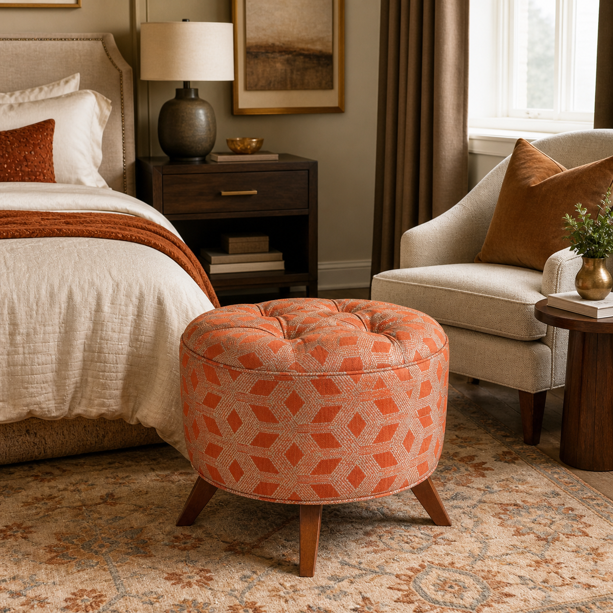 Orange geometric Valencia Ottoman styled in a warm inviting bedroom retreat with cream bedding terracotta accents and wood furniture