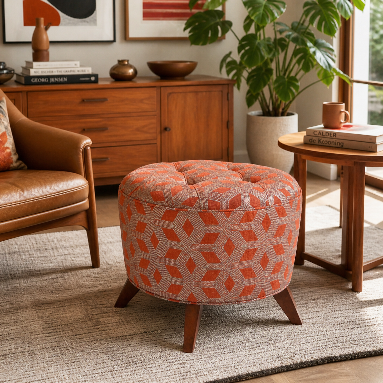 The Valencia Ottoman orange geometric tufted accent stool styled in a sunny mid century modern living room