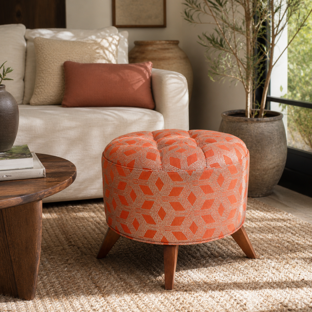 The Valencia orange geometric tufted ottoman styled in a sunlit modern rustic living room with cream sofa and organic textures